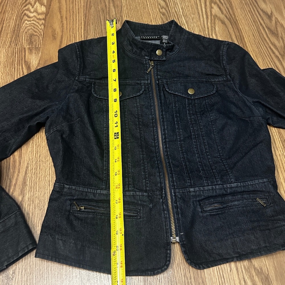Apostrophe Stretch Dark Wash Denim Moto Jacket Mock Neck Peplum Blue Womens 6 - Picture 5 of 6